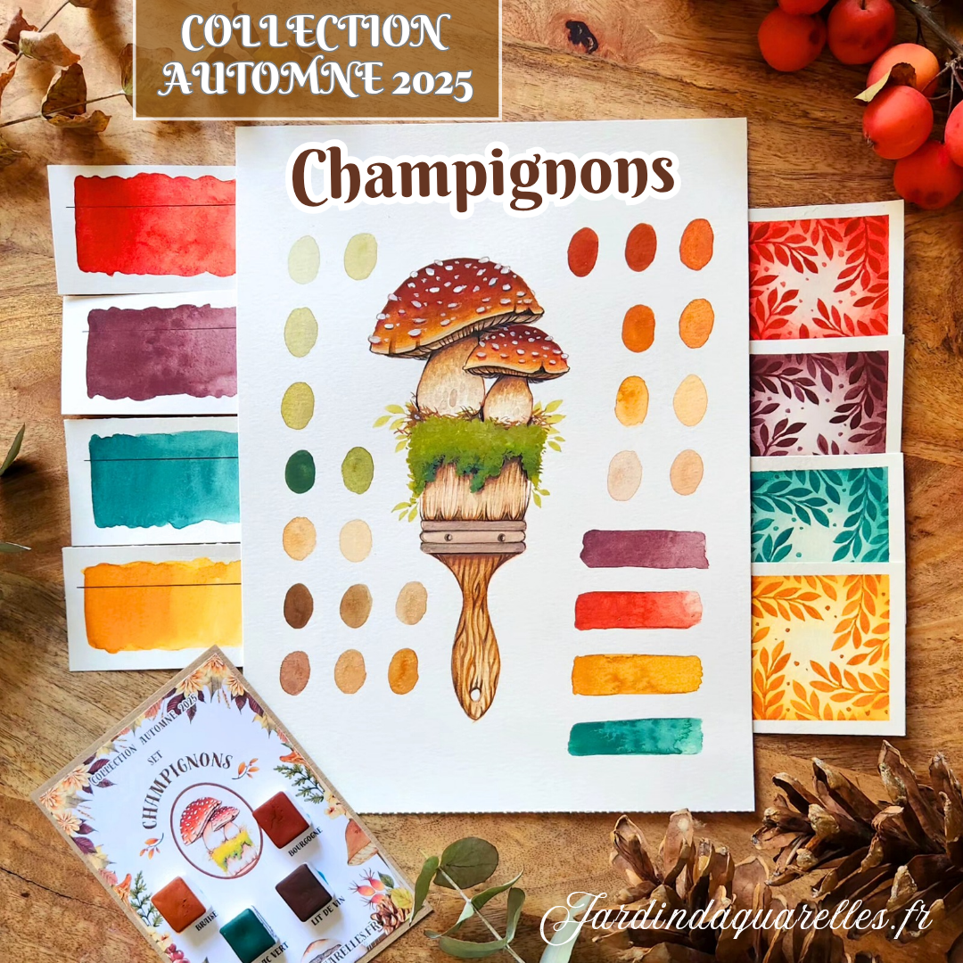 Set de 4 aquarelles artisanales, CHAMPIGNONS