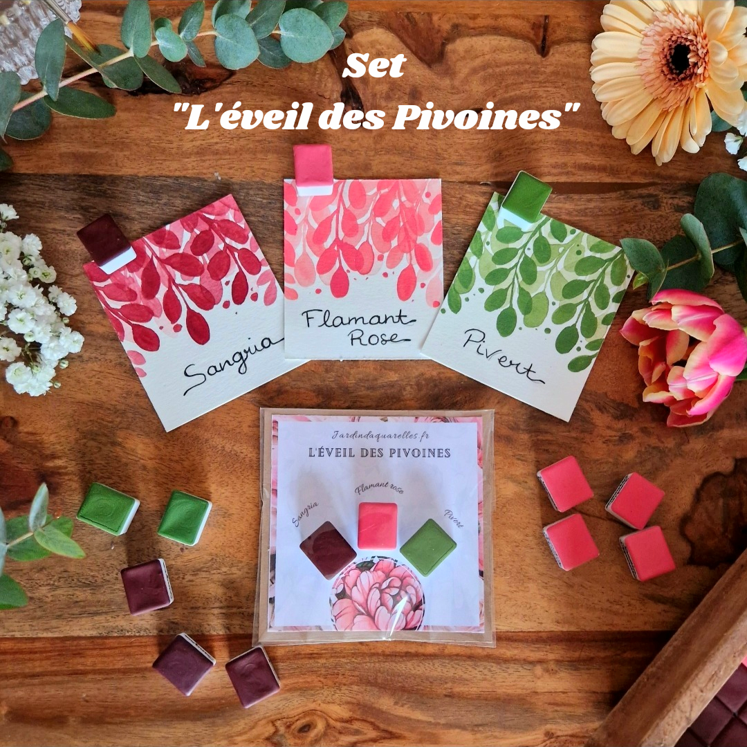 Set " L'éveil des Pivoines" 3 aquarelles artisanales