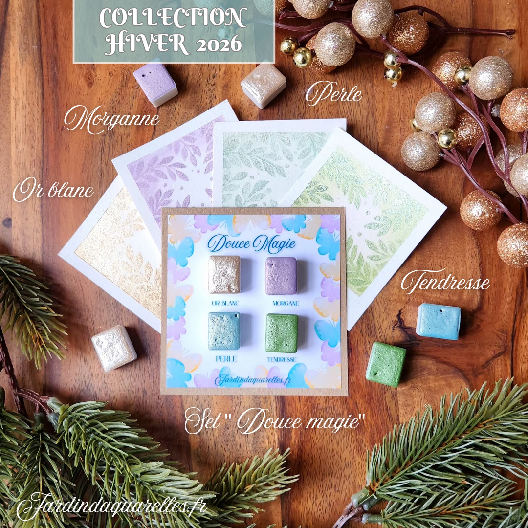 Set de 4 aquarelles artisanales irisées "DOUCE MAGIE"