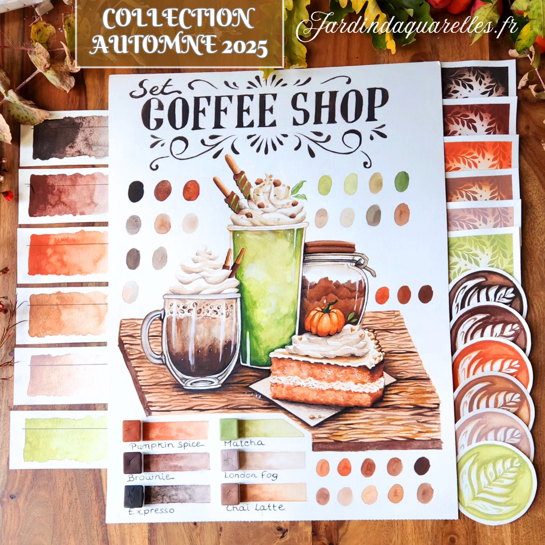 Set de 6 aquarelles artisanales "COFFEE SHOP "