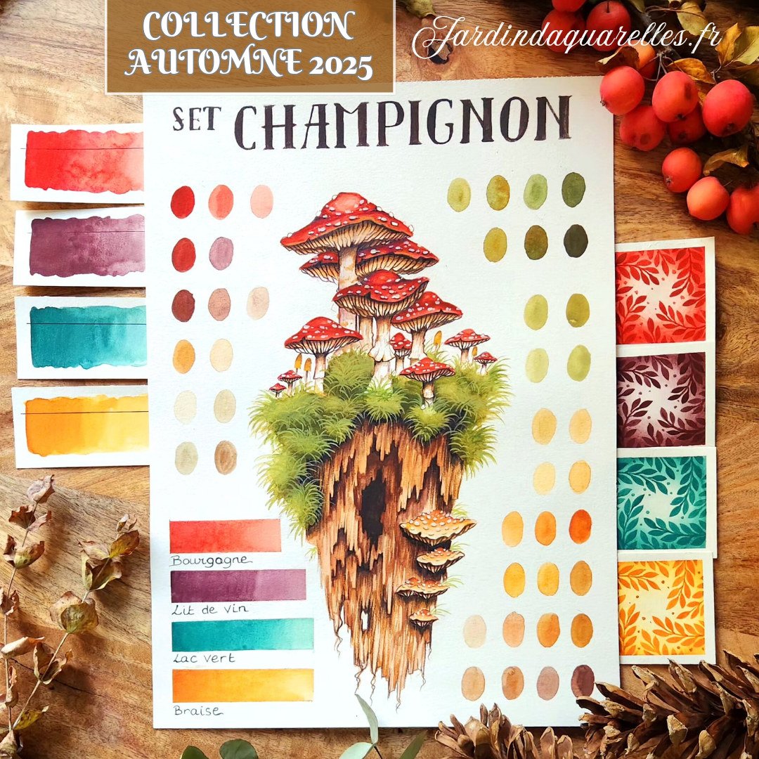 Set de 4 aquarelles artisanales, CHAMPIGNONS
