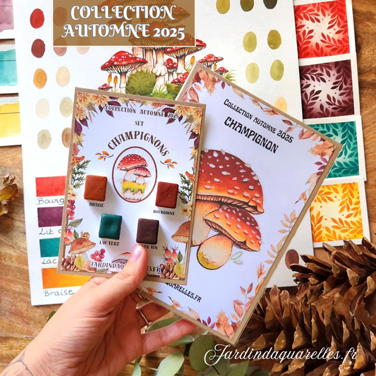 Set de 4 aquarelles artisanales, CHAMPIGNONS